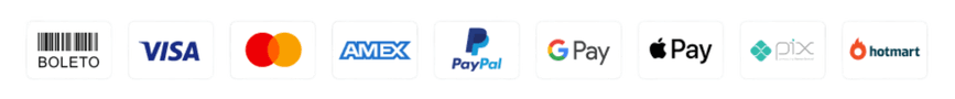 Formas de pagamento aceitas: Boleto, Visa, Mastercard, Amex, PayPal, Google Pay, Apple Pay, Pix